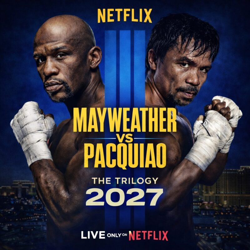 WBN concept artwork illustrating a potential Mayweather vs Pacquiao 2027 trilogy bout.