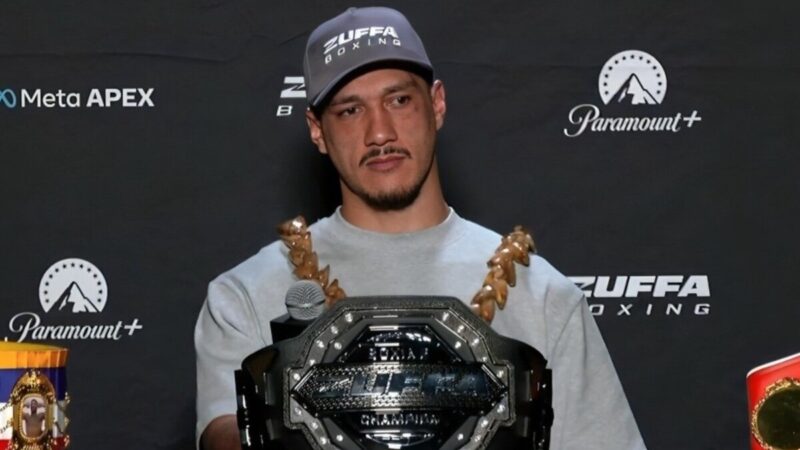 Jai Opetaia with Zuffa cruiserweight championship belt during press conference after IBF dispute