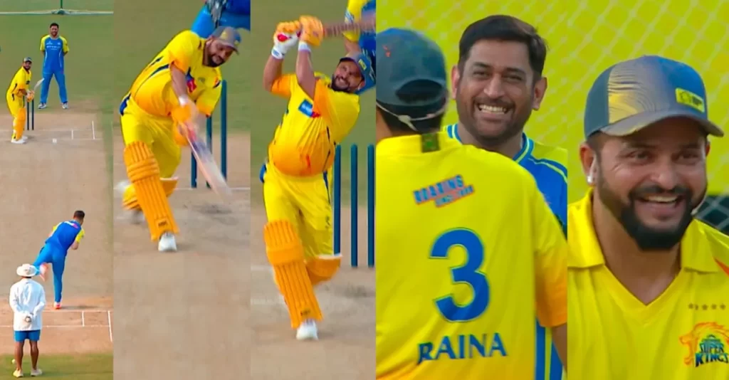WATCH: Suresh Raina turns back the clock with a towering six off Noor Ahmad, leaves MS Dhoni amused at CSK Roar 26