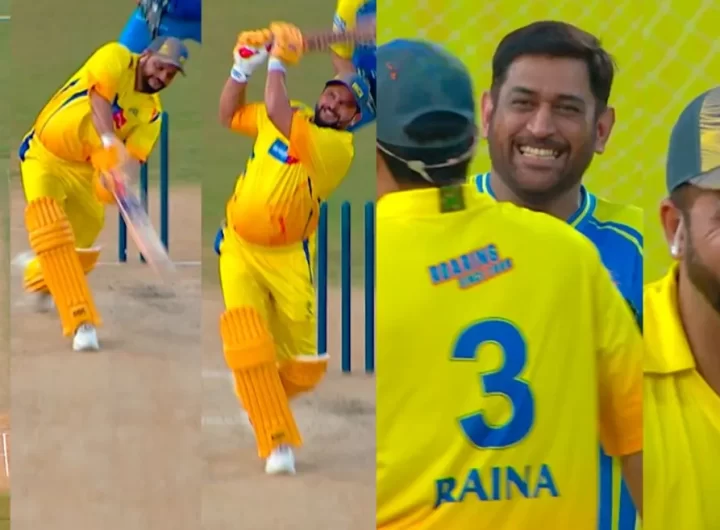 WATCH: Suresh Raina turns back the clock with a towering six off Noor Ahmad, leaves MS Dhoni amused at CSK Roar 26