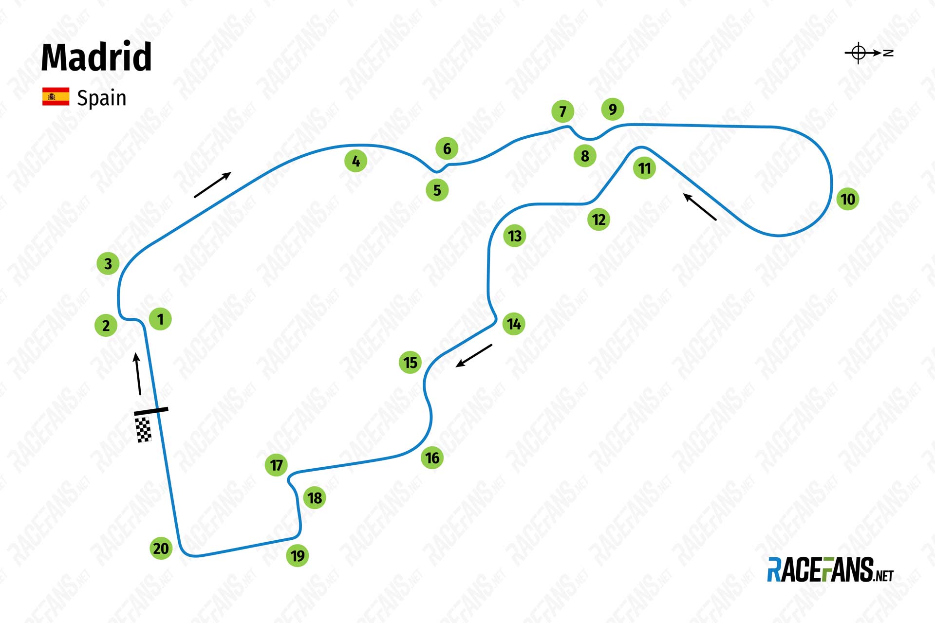 Madring Formula 1 circuit (formerly known as Madrid Ifema Circuit) with corner numbers