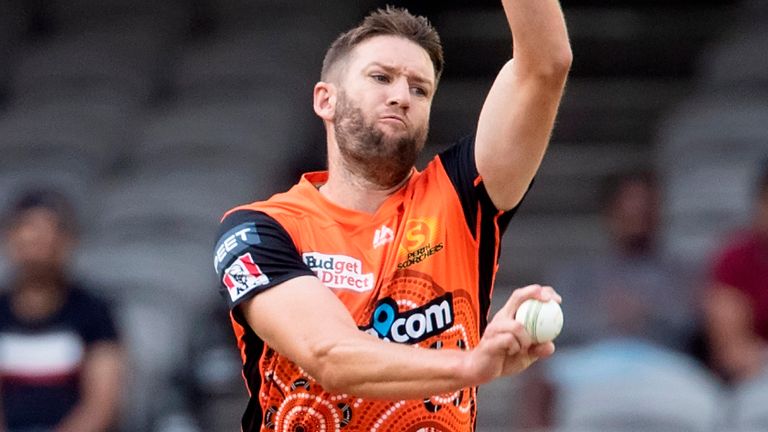 Andrew 'AJ' Tye bowls for Perth Scorchers in the Men's Big Bash League in 2021 (Associated Press)