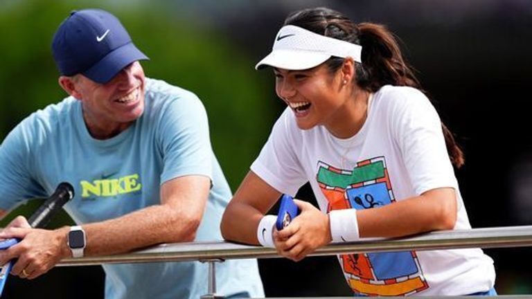 Emma Raducanu with coach Mark Petchey following a practice session on day two of the 2025 Wimbledon Championships at the All England Lawn Te