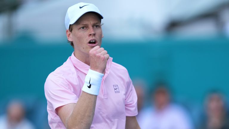 Jannik Sinner, of Italy, celebrates a point against Frances Tiafoe in the semifinals of the Miami Open tennis tournament, Thursday, March 26, 2026, in Miami Gardens, Fla. (AP Photo/Jim Rassol)