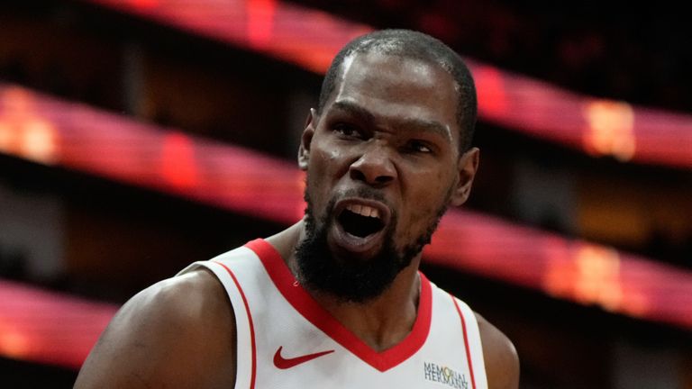 Kevin Durant celebrates after draining a three-pointer in the Houston Rockets' win over the Miami Heat