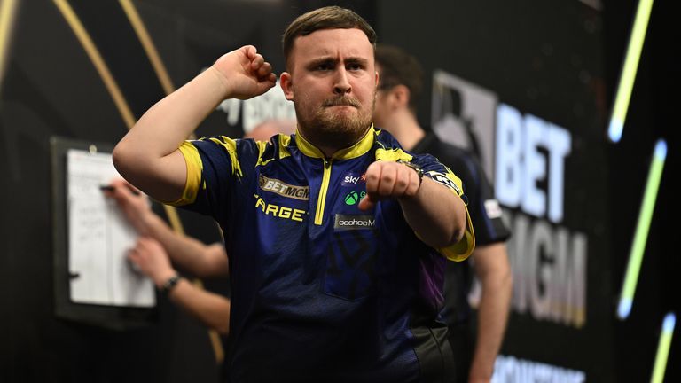 19/3/26: Luke Littler hits a 170 vs Michael van Gerwen in the first Semi Final match during night 7 of the BetMGM Premier League in Dublin. 