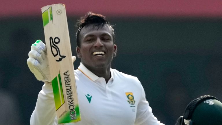 South Africa's Senuran Muthusamy celebrates his maiden hundred in Test cricket (Associated Press)