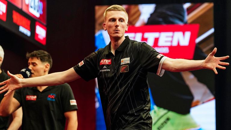 Wessel Nijman celebrates at the European Darts Trophy (pic: Paul Targyik/PDC Europe)